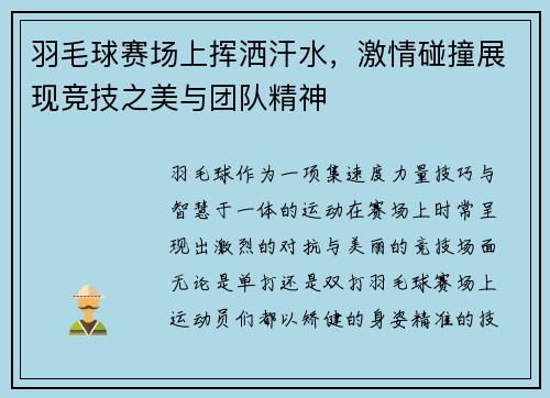 羽毛球赛场上挥洒汗水，激情碰撞展现竞技之美与团队精神